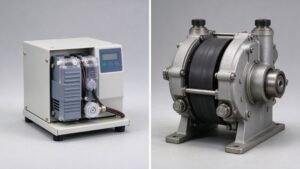 A small bench peristaltic tubing pump beside a large industrial hose pump