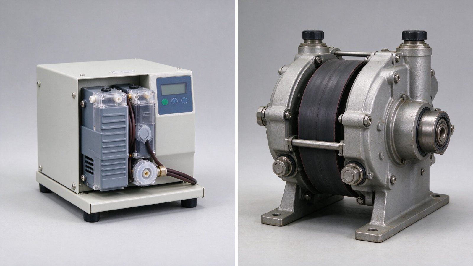 A small bench peristaltic tubing pump beside a large industrial hose pump
