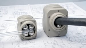 YZ15 easy-load peristaltic pump head beside the larger YZ35 pump head on an engineering workbench