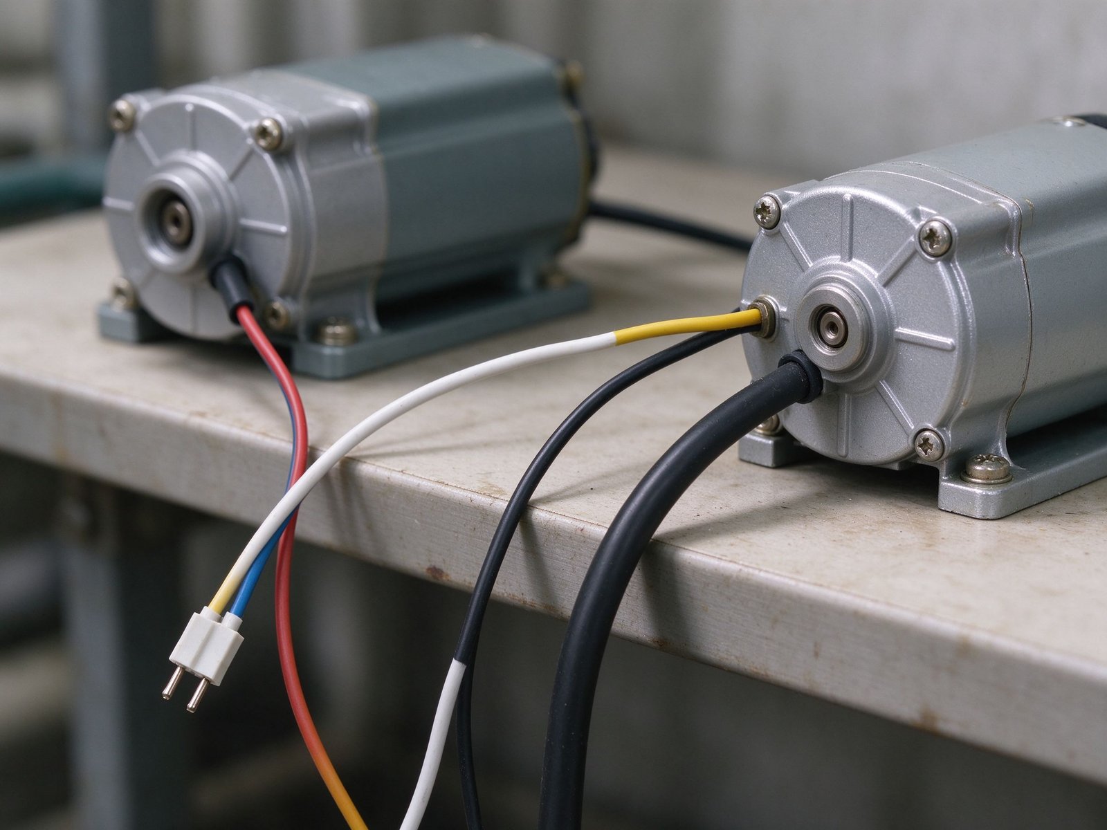 Thin and thicker power wires connected to two pump motors