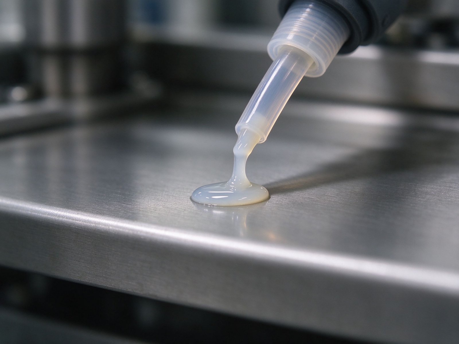 Peristaltic pump tubing dispensing a bead of adhesive on an assembly line