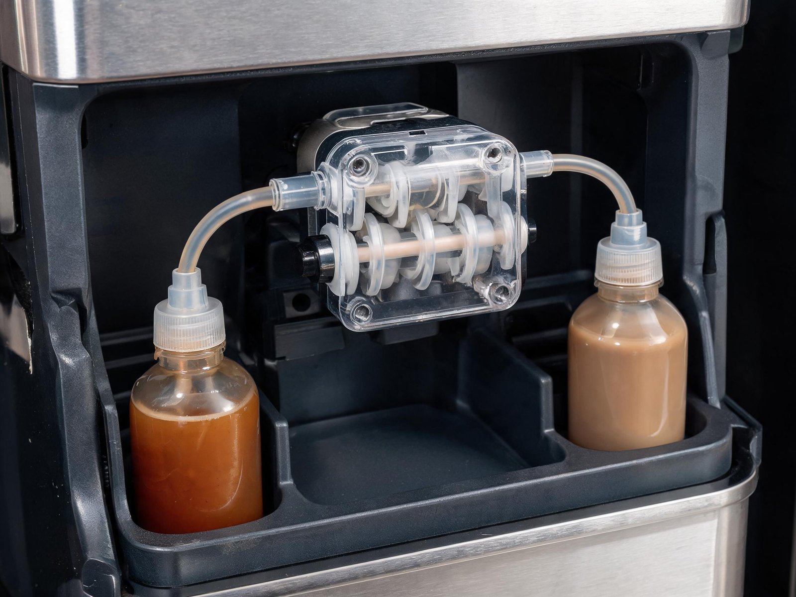 Coffee machine syrup dosing module with compact peristaltic pump and tubing