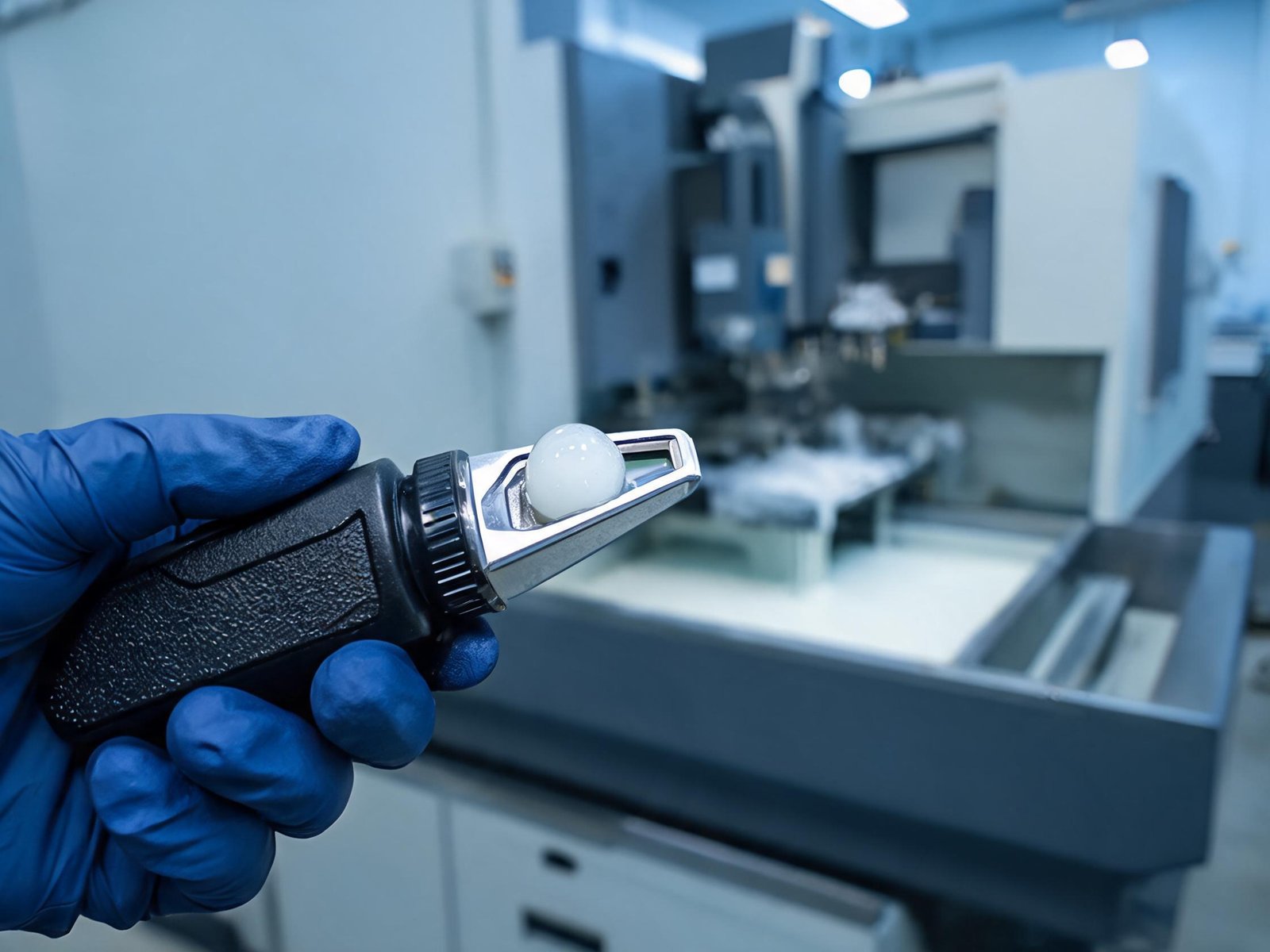 Technician checking emulsion concentration with a handheld refractometer beside a CNC machining center