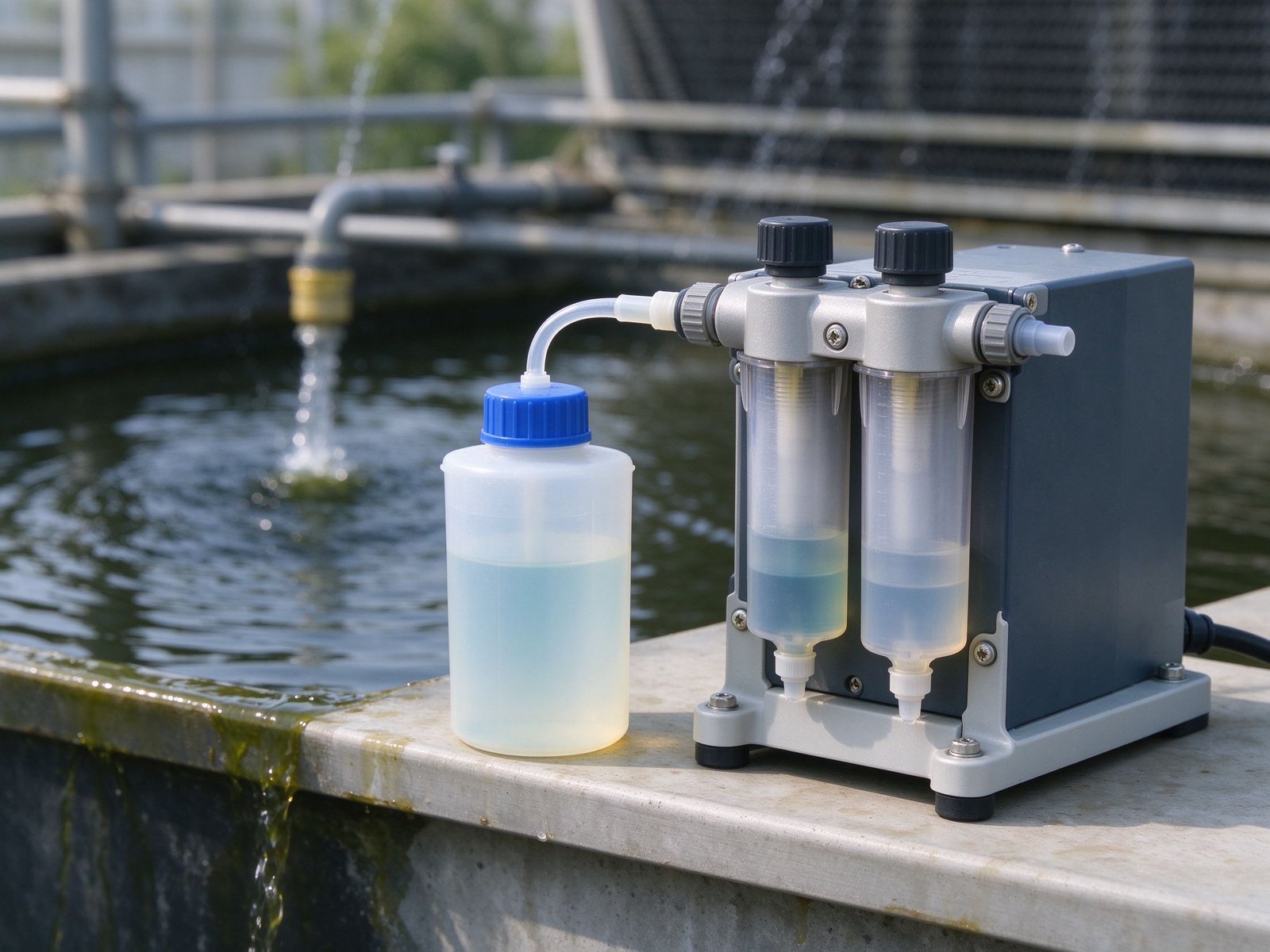 A dosing pump and chemical drum beside a cooling tower basin