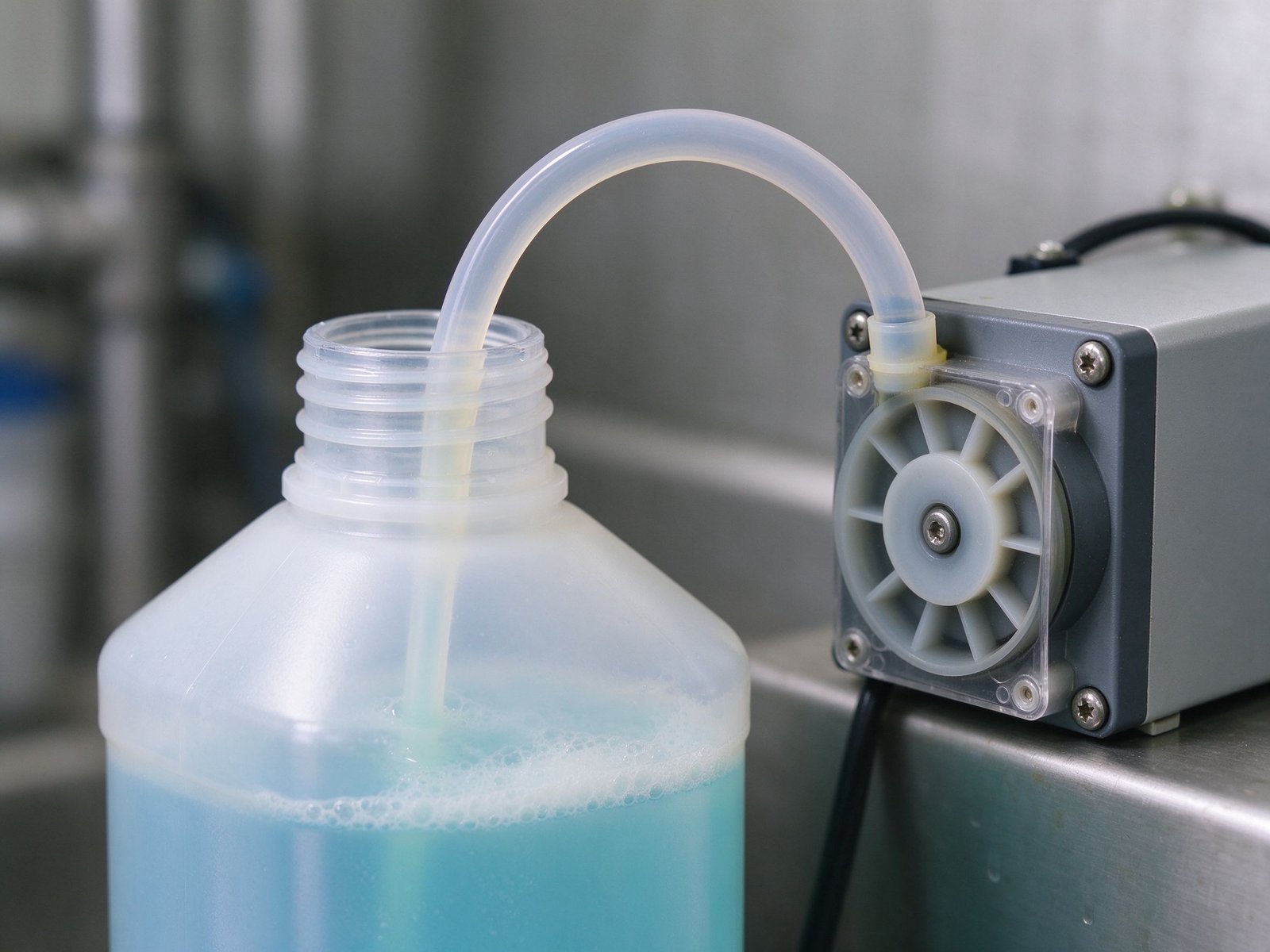 Tubing dipping into a detergent bottle connected to a small peristaltic pump