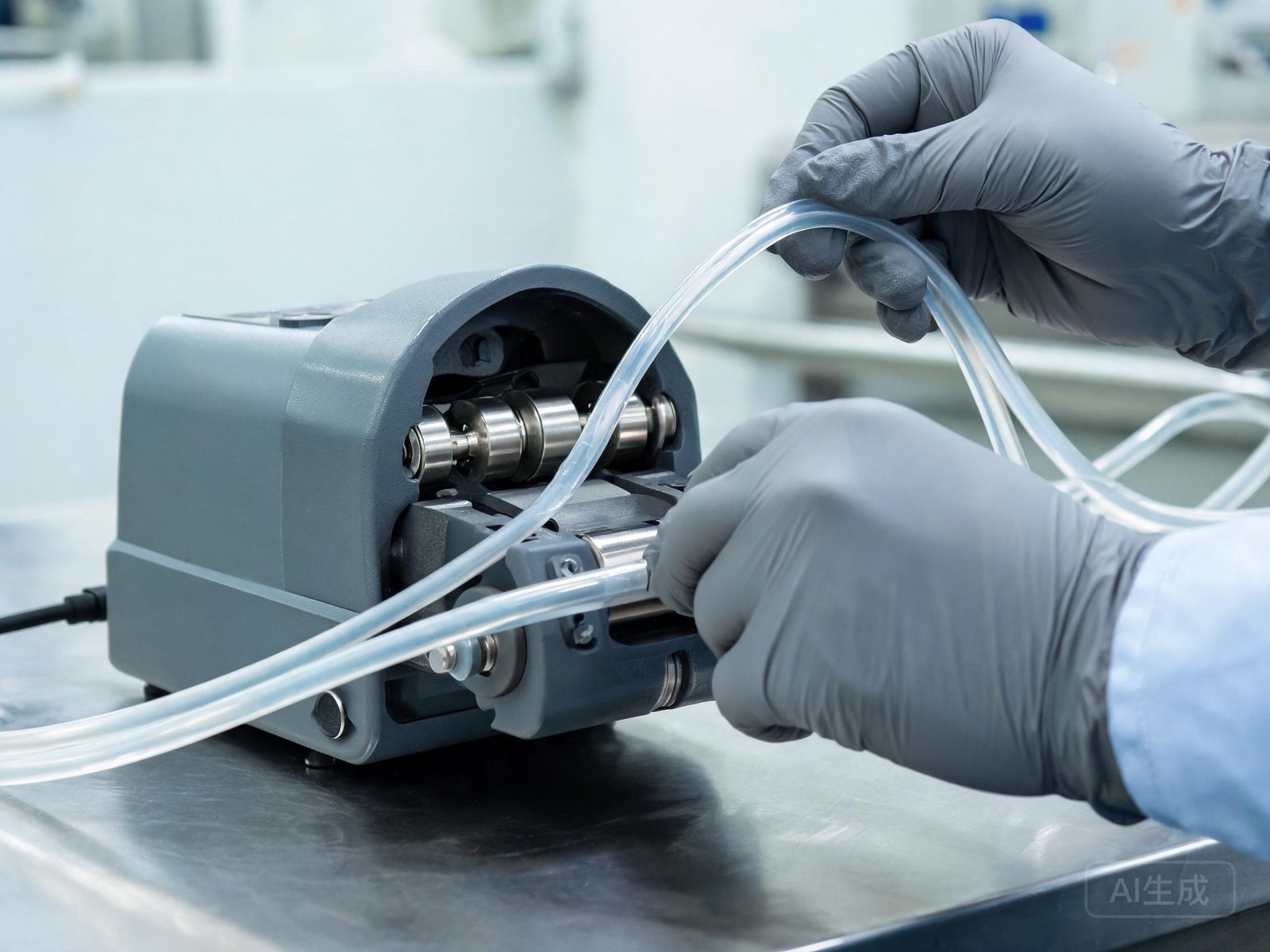 Technician loading silicone tubing into an easy-load peristaltic pump head with SUS304 rollers