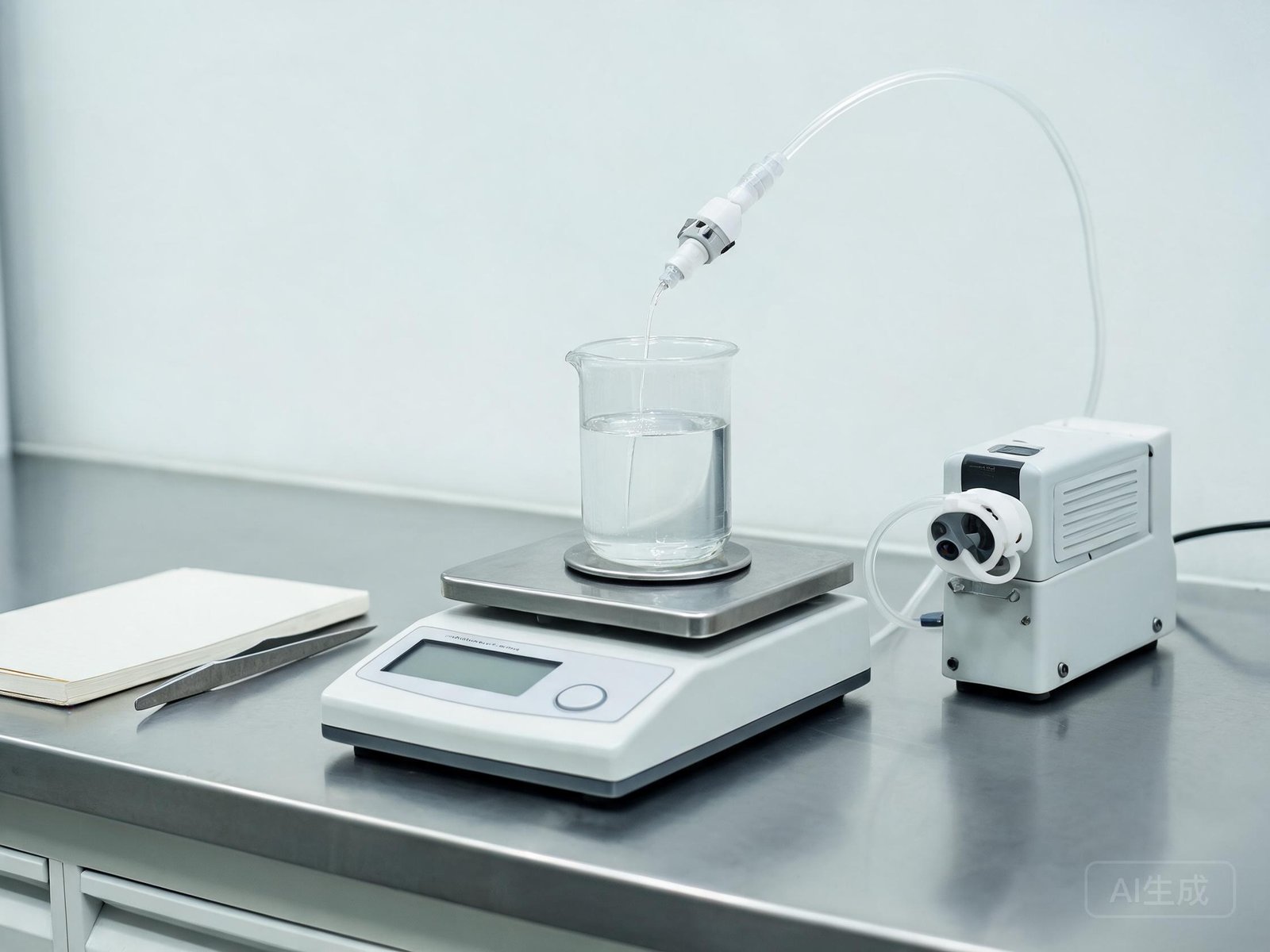 Micro peristaltic pump dispensing reagent into a beaker on an analytical balance for gravimetric calibration