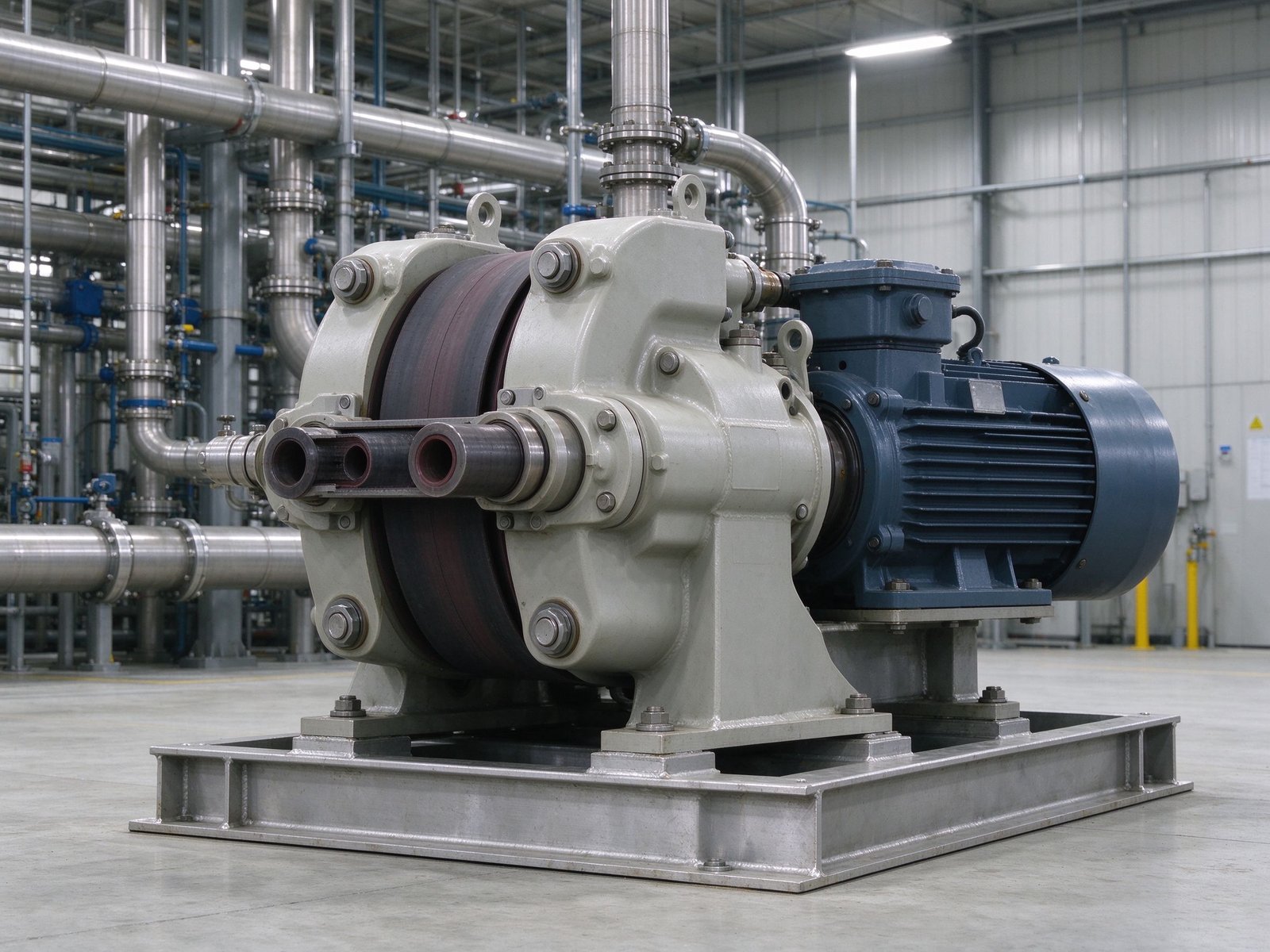 A large industrial peristaltic hose pump on a skid in a plant