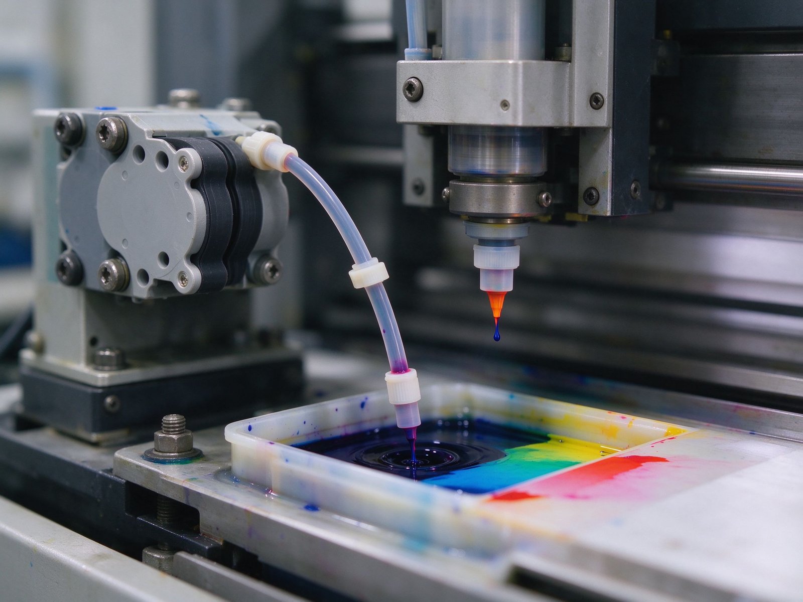 Dosing pump tubing metering ink into a printing station reservoir