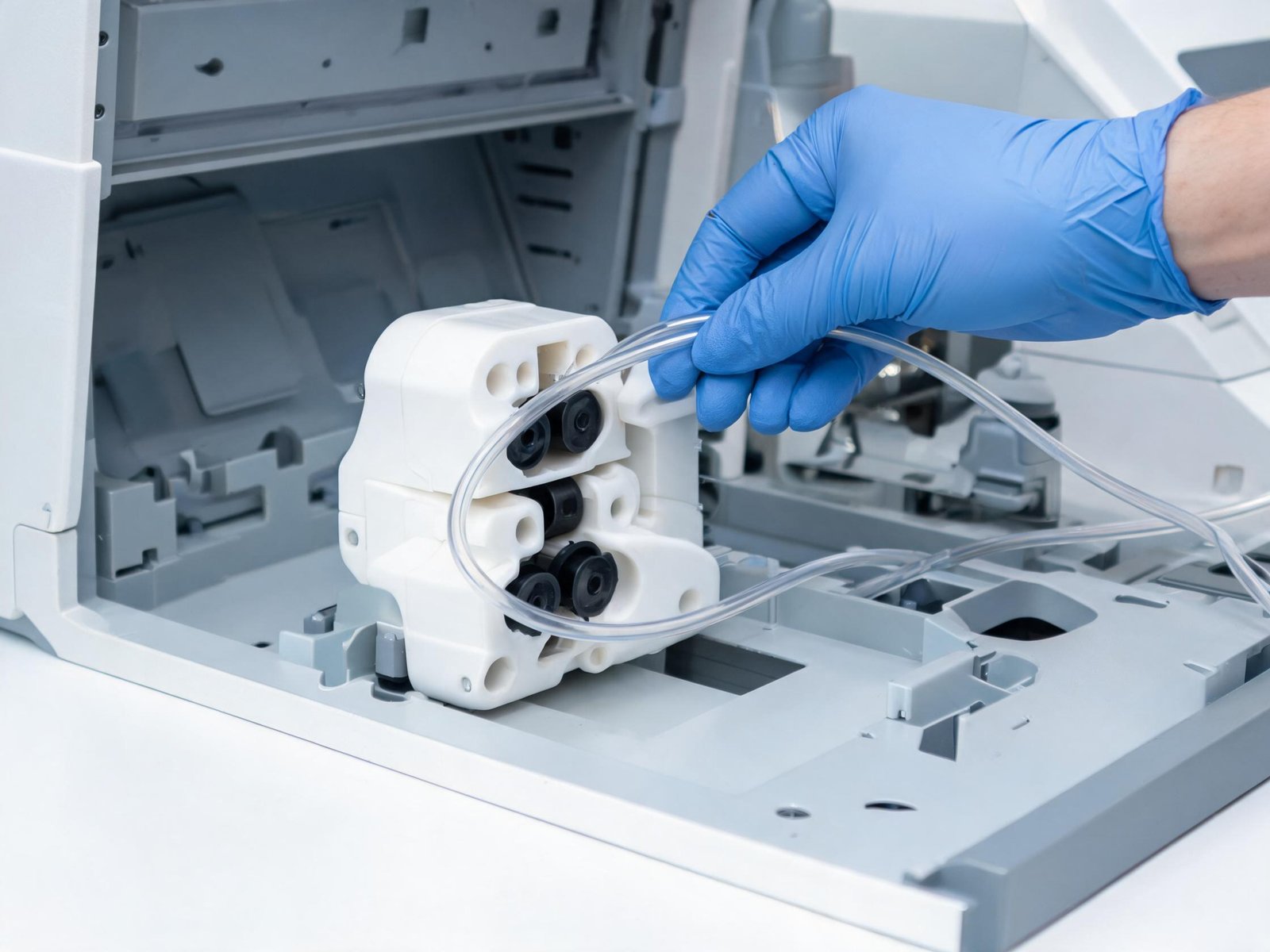 Peristaltic pump head module integrated into IVD analyzer instrument