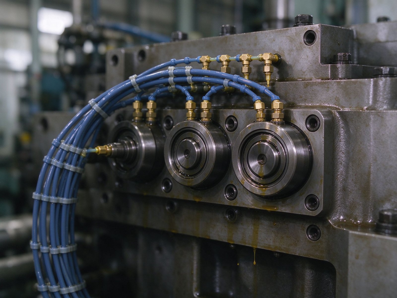 Distribution tubing running to bearings on a machine frame