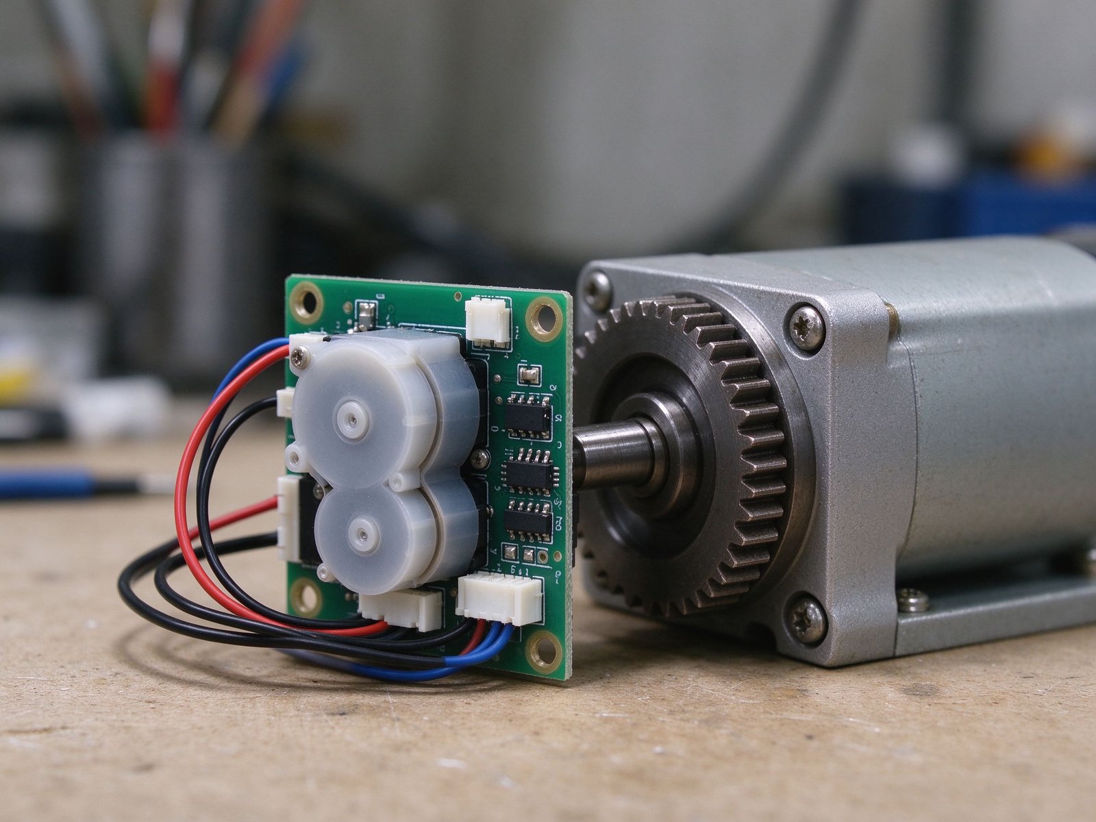 A small pump drive board connected to a motor on a bench