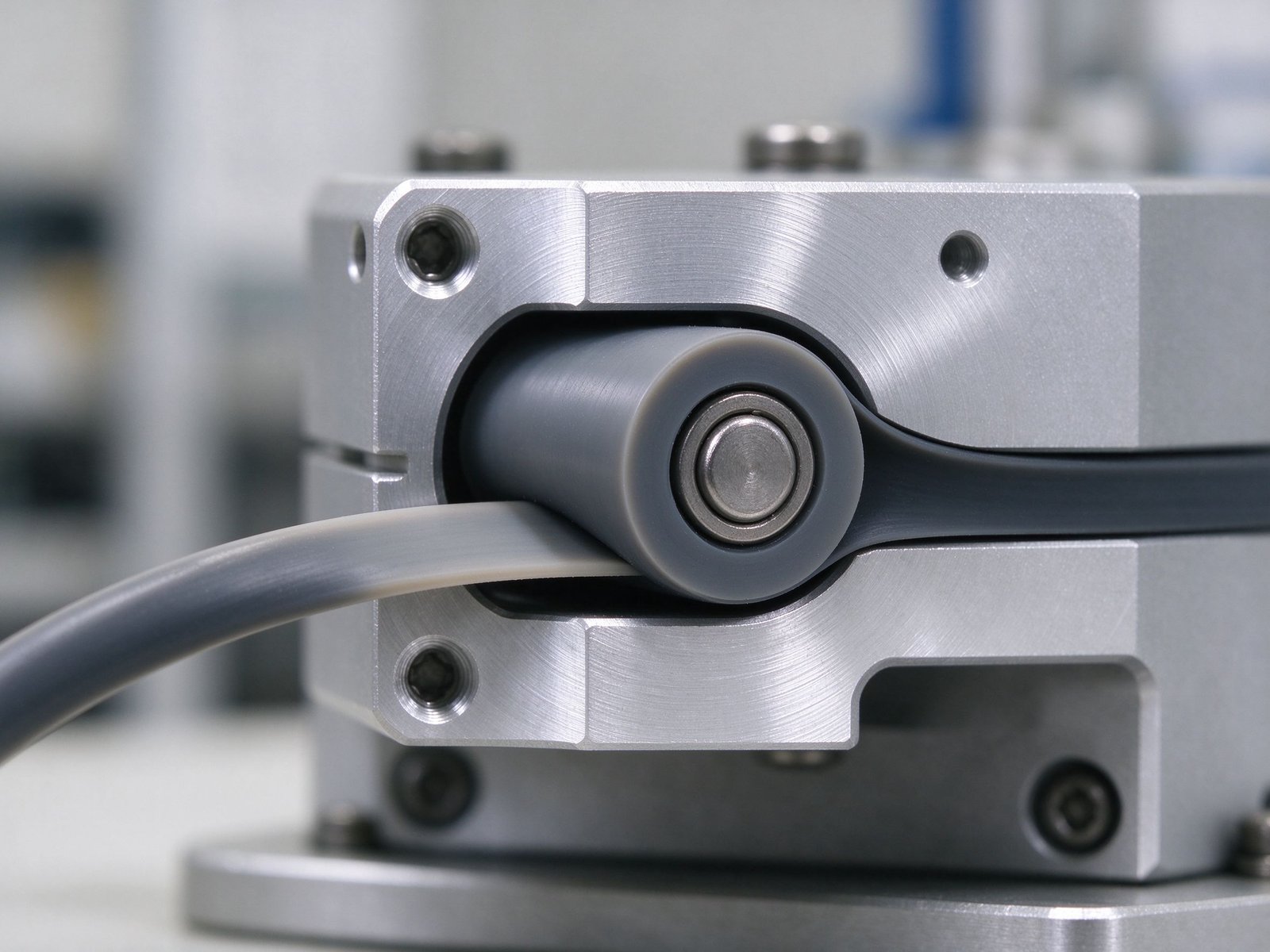 A roller pressing tube against the pump bed seen from the end