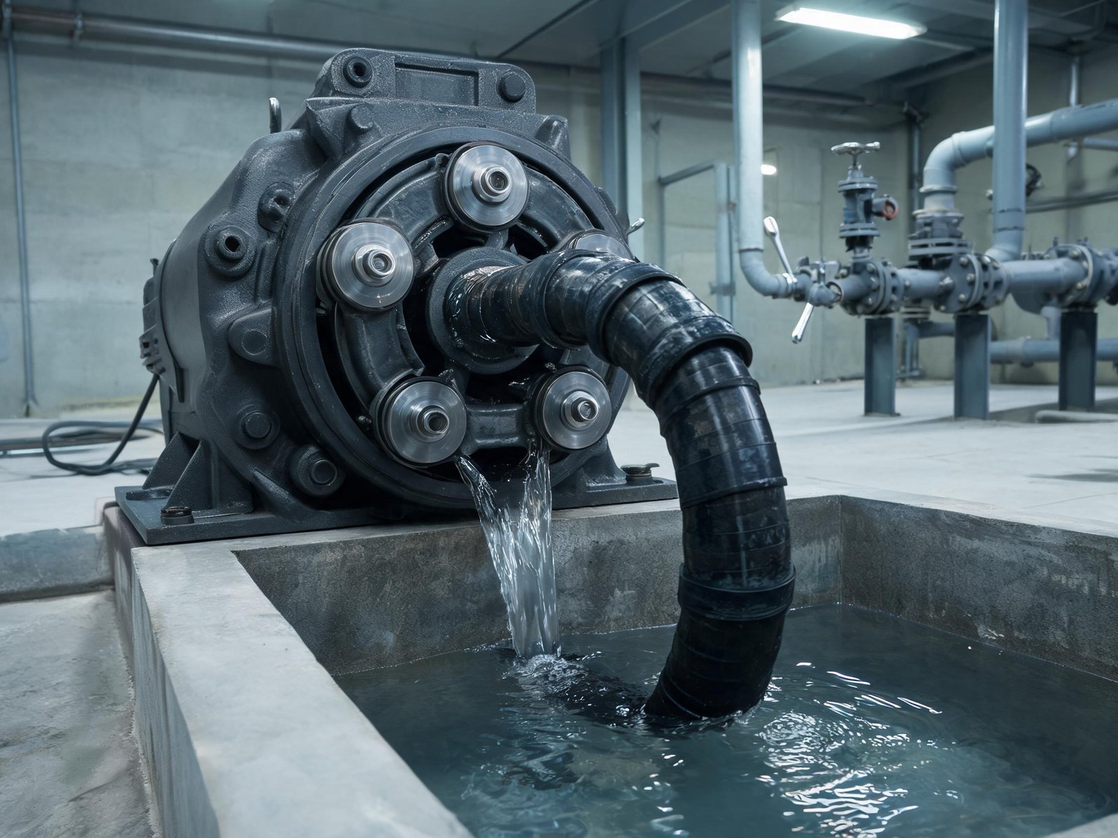 Industrial peristaltic hose pump transferring fluid from a below-ground sump tank