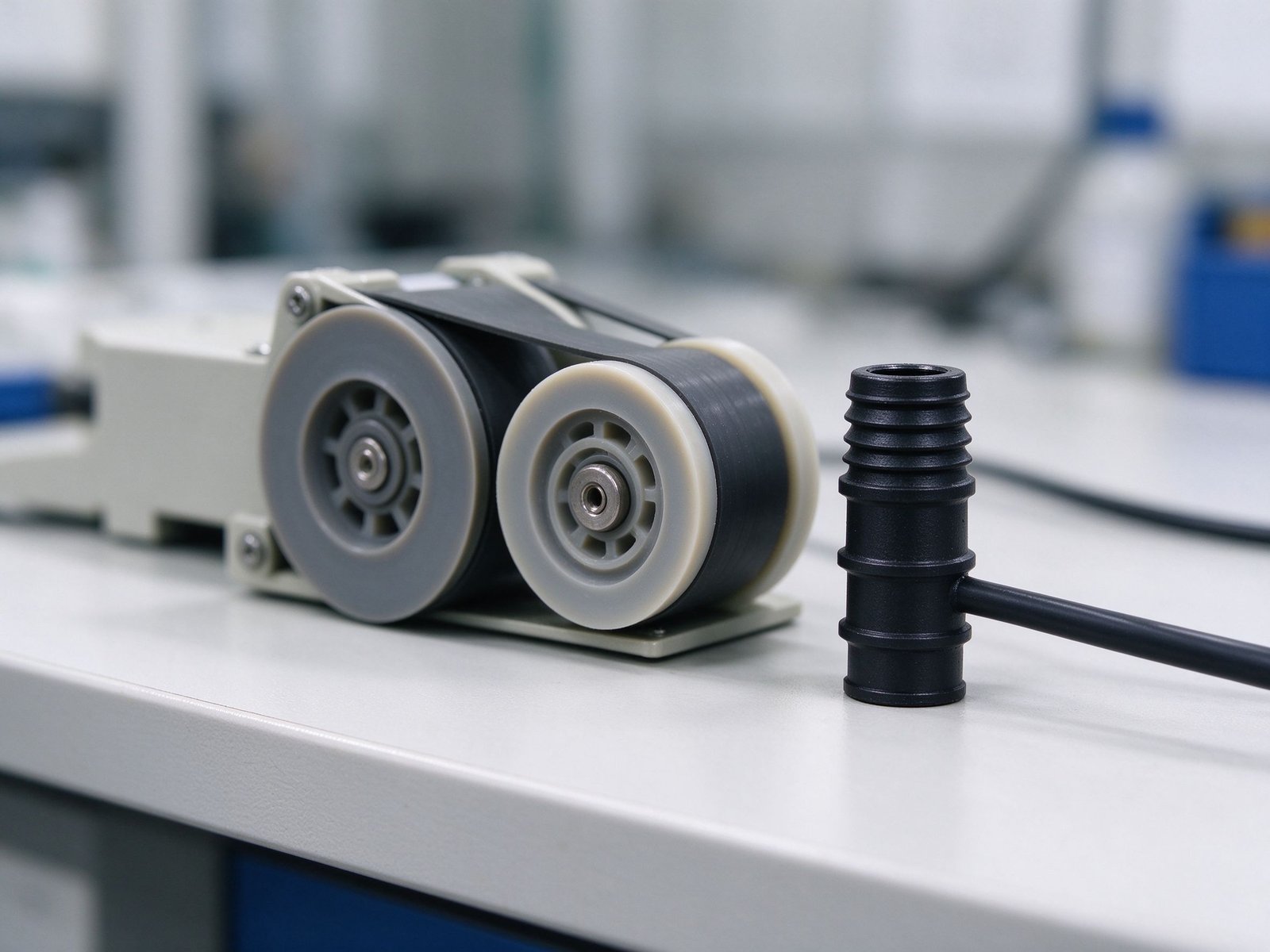 Close-up of peristaltic pump rollers and a hose barb fitting