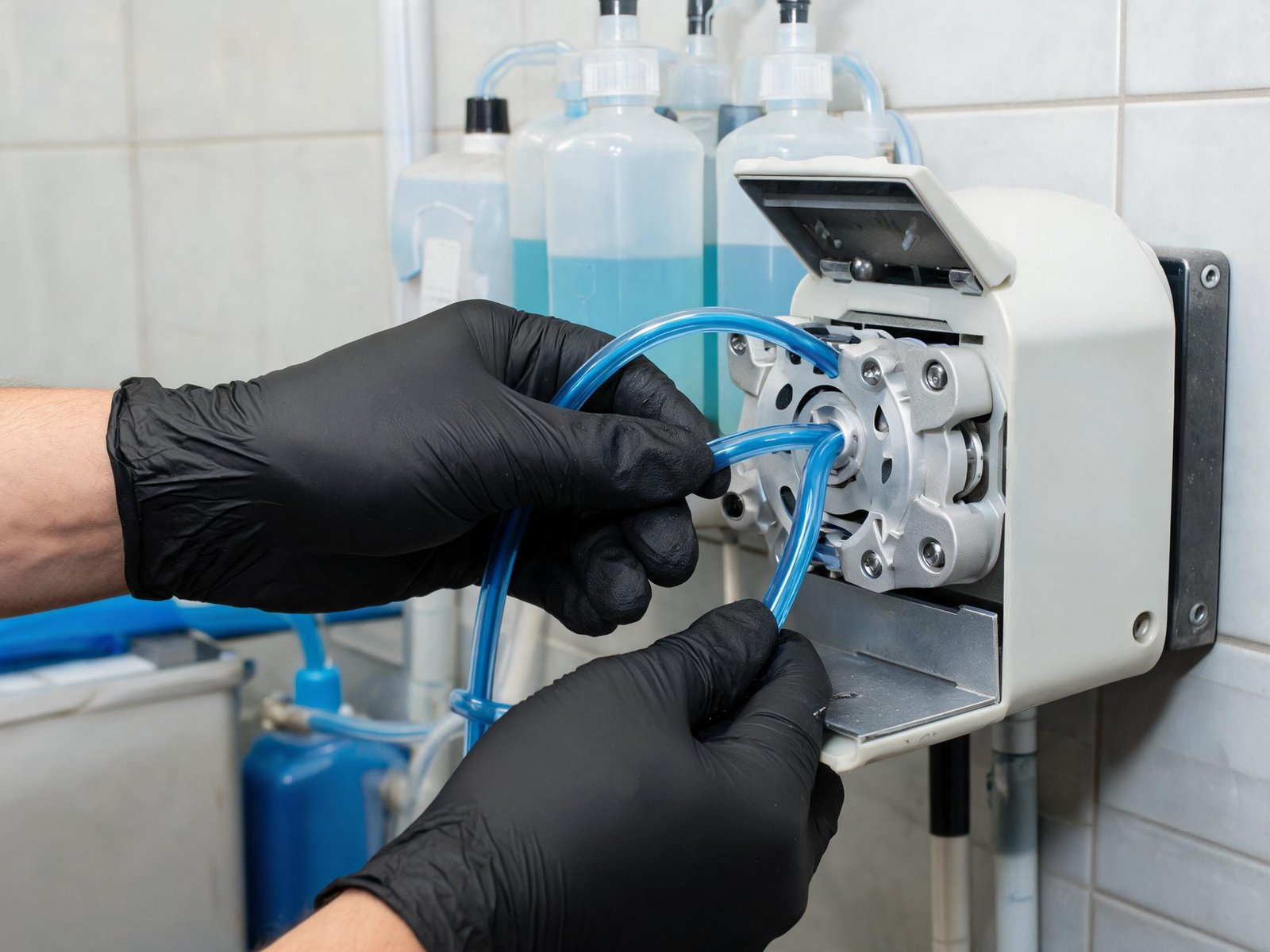 Technician replacing peristaltic pump tubing in a chemical dosing station