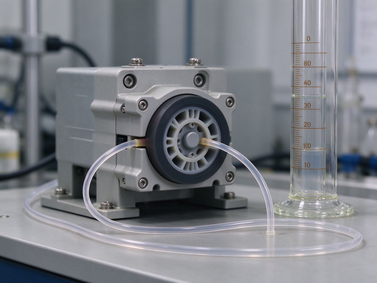 Peristaltic pump calibration bench with balance and graduated cylinder measuring dispensed adhesive
