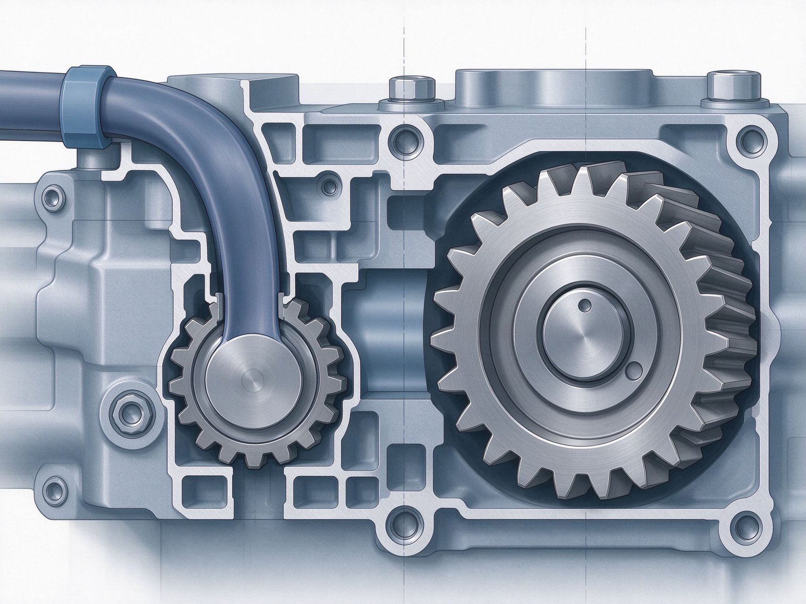 Cross-section style view of peristaltic tube occlusion and gear pump meshing elements