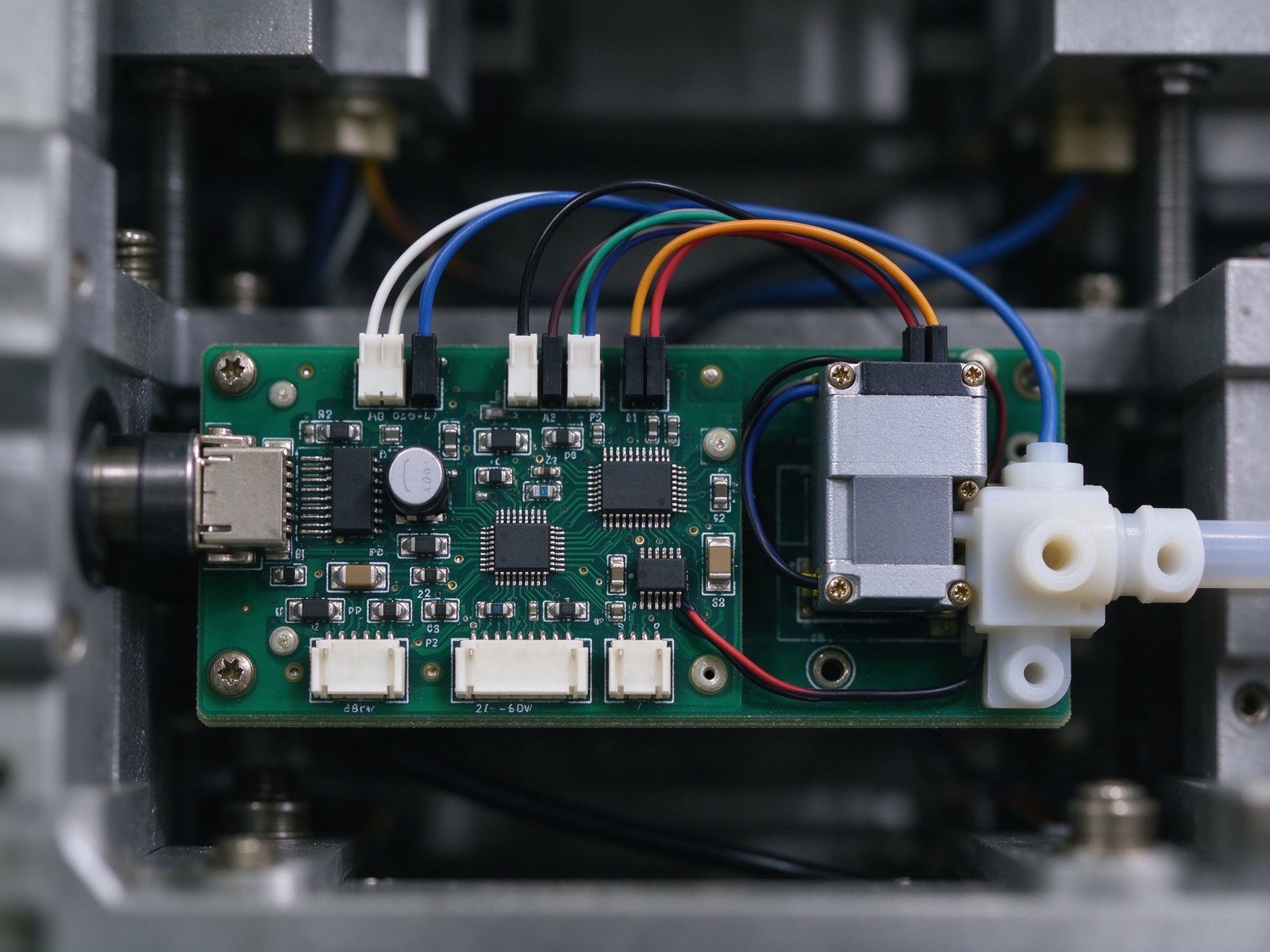 Pump driver board with analog and PWM control wiring close-up