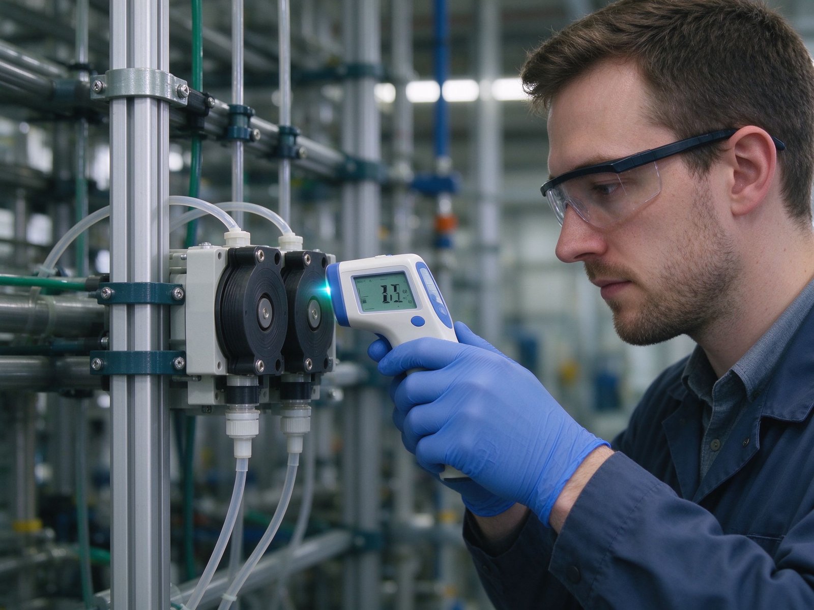 Technician checking a peristaltic pump head temperature on an equipment line