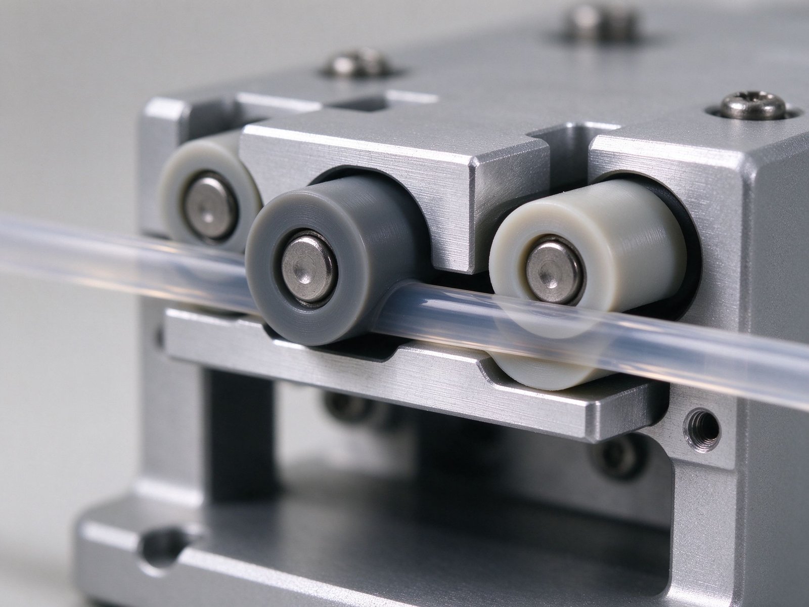 Close-up of rollers inside a peristaltic pump head pressing tube