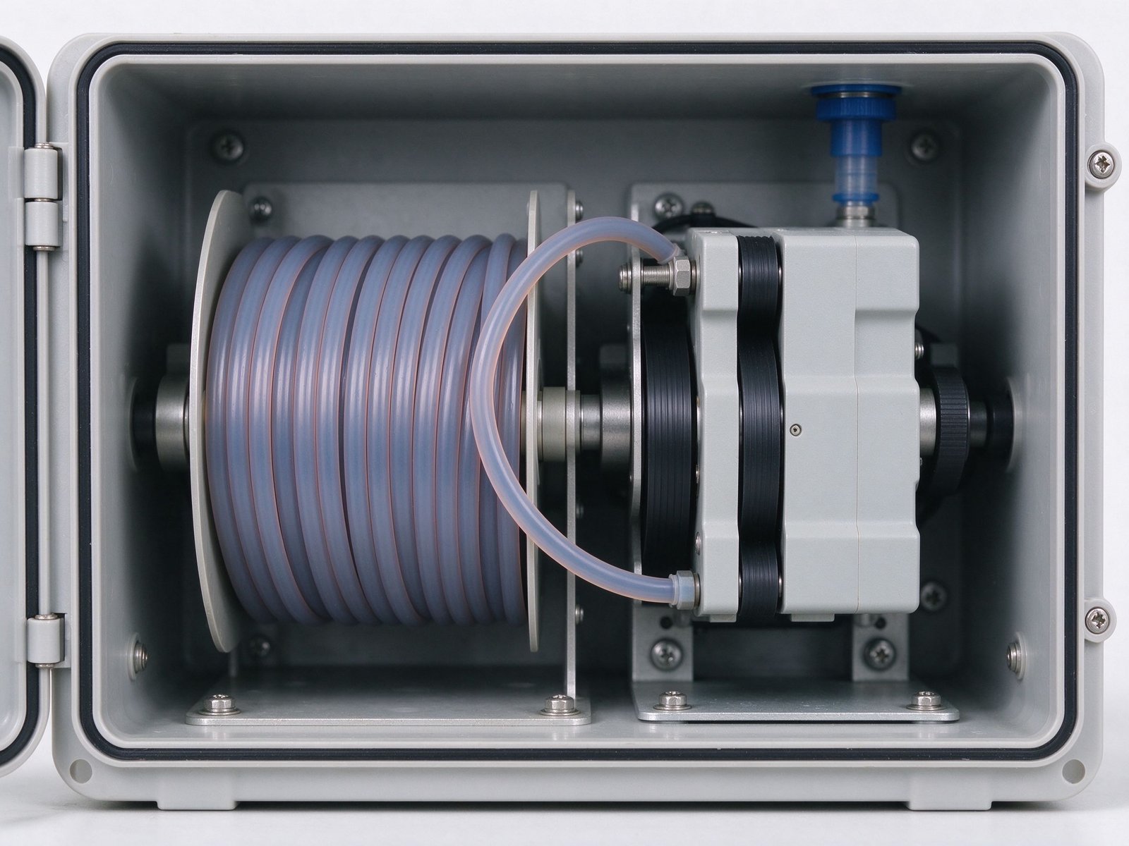 Intake tubing and peristaltic pump head inside an automatic water sampler