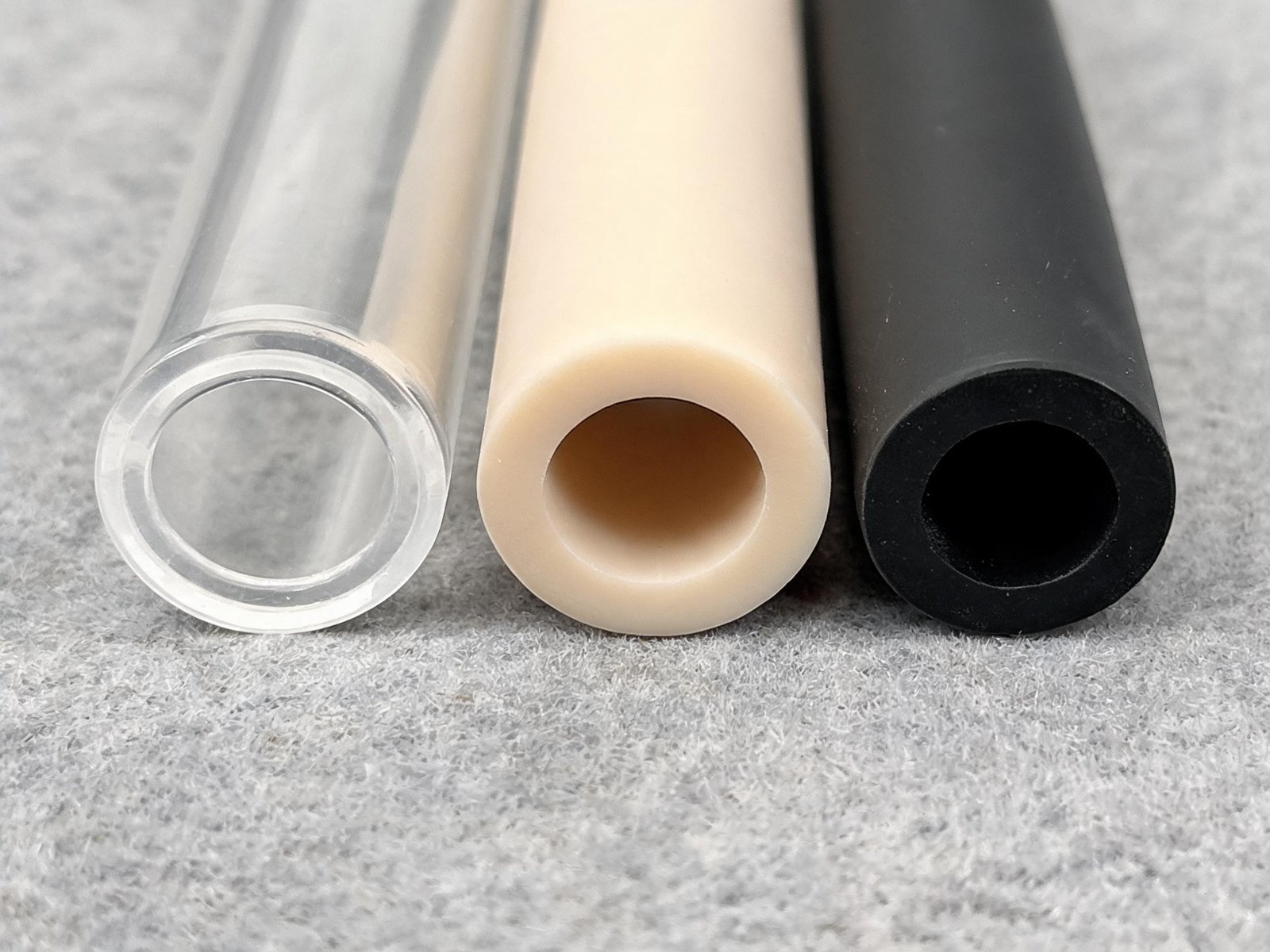 Silicone, PharMed BPT and Viton peristaltic pump tubing samples side by side