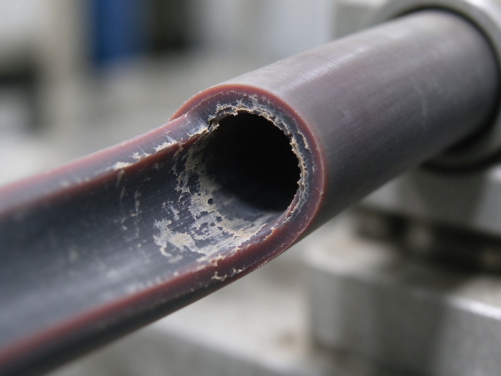 Close-up of a peristaltic pump tube showing worn and abraded inner wall