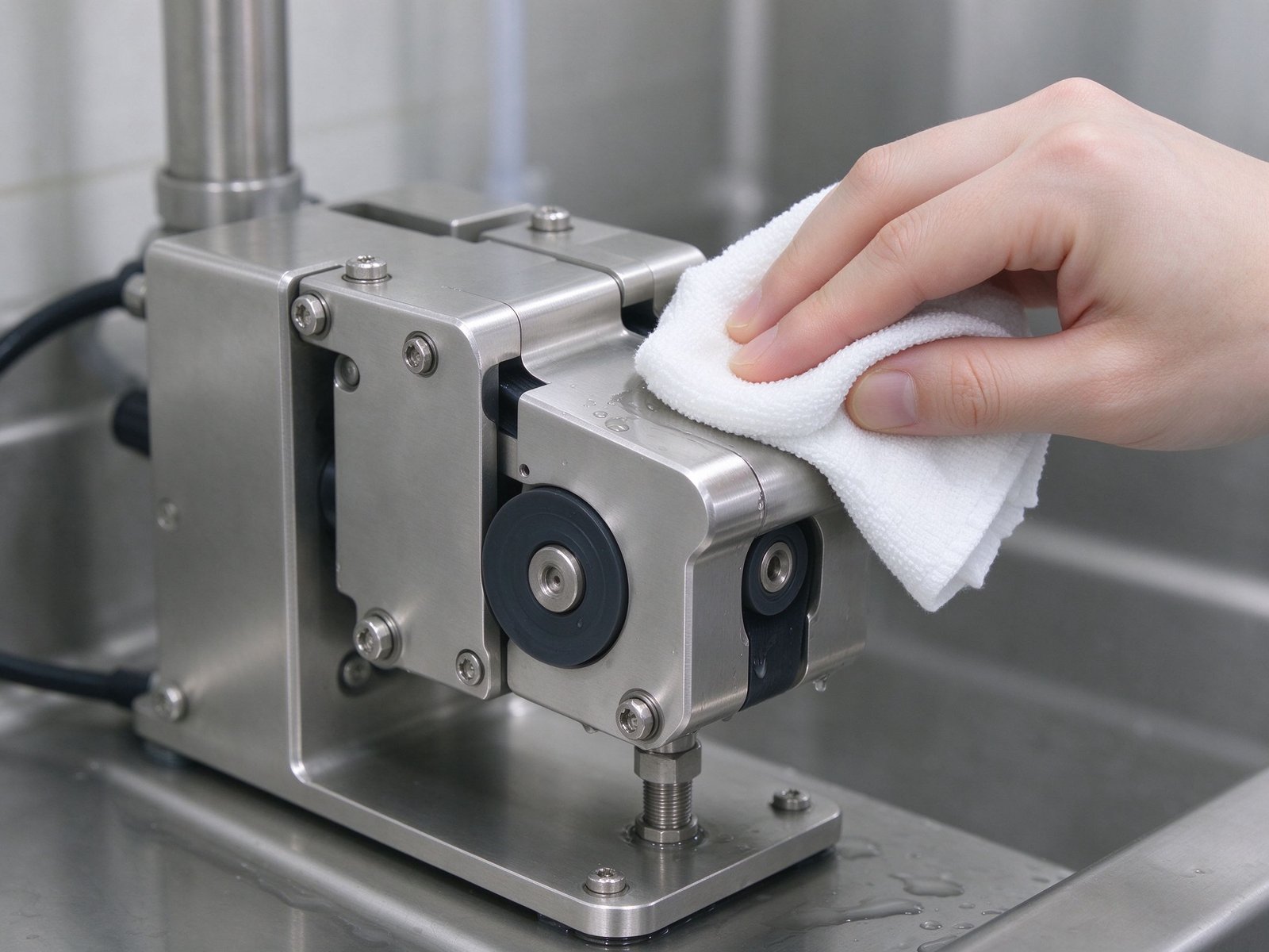 A stainless steel peristaltic pump head being cleaned in a hygienic setting