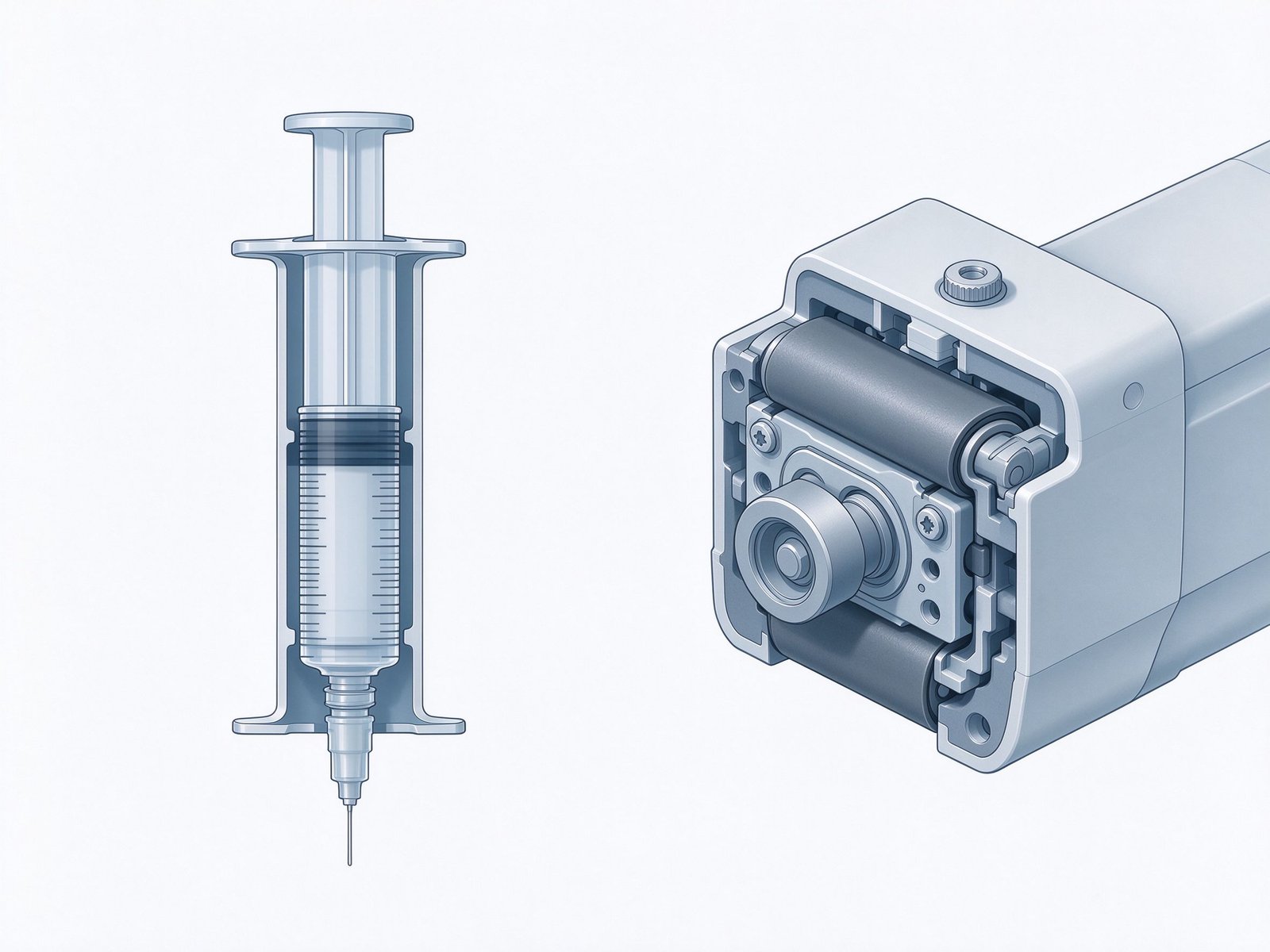 Mechanism comparison of a syringe plunger drive and a peristaltic roller head