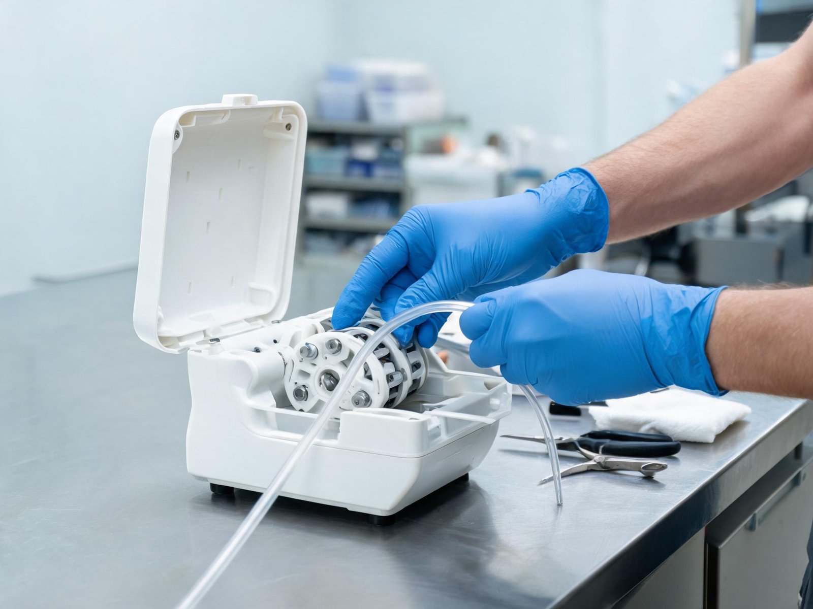 Technician replacing a worn tube inside a peristaltic pump head during maintenance